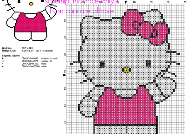 Hello Kitty con vestitino viola schema punto croce 65 x 79 crocette 4 colori DMC