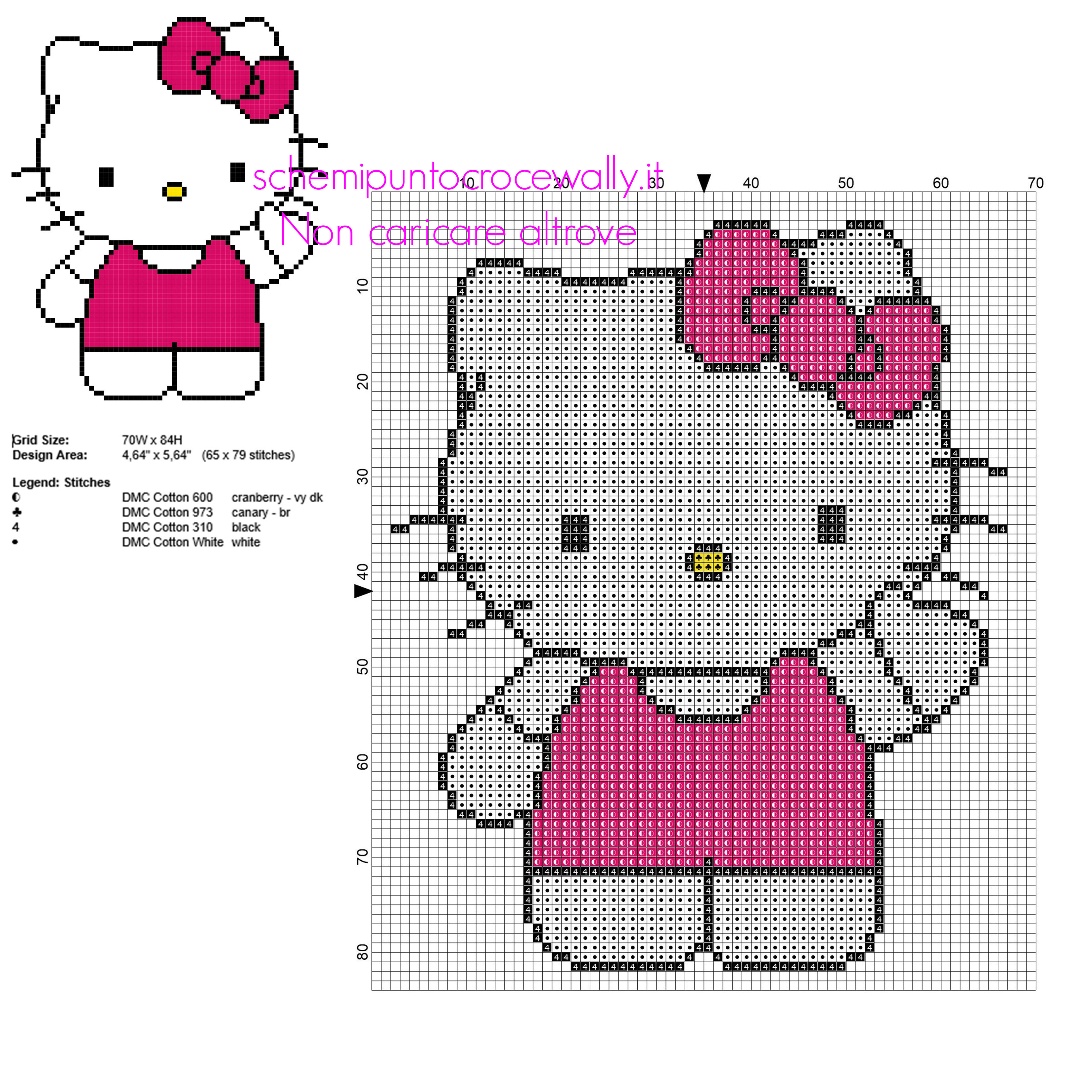 Hello Kitty con vestitino viola schema punto croce 65 x 79 crocette 4 colori DMC