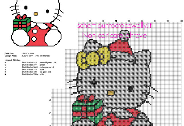 Hello Kitty natalizia con regalo di Natale schema punto croce da ricamare 70 x 91 6 colori DMC