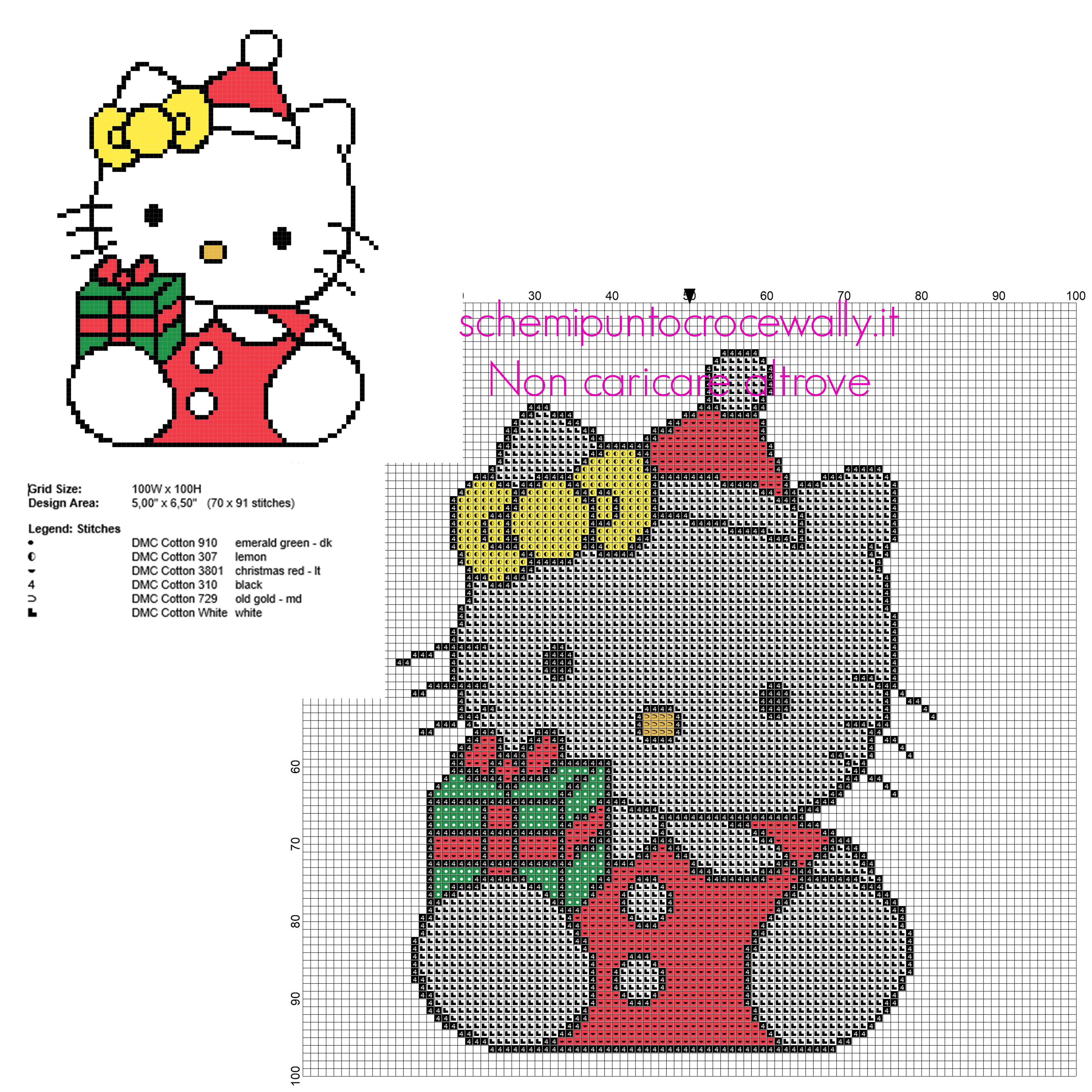 Hello Kitty natalizia con regalo di Natale schema punto croce da ricamare 70 x 91 6 colori DMC