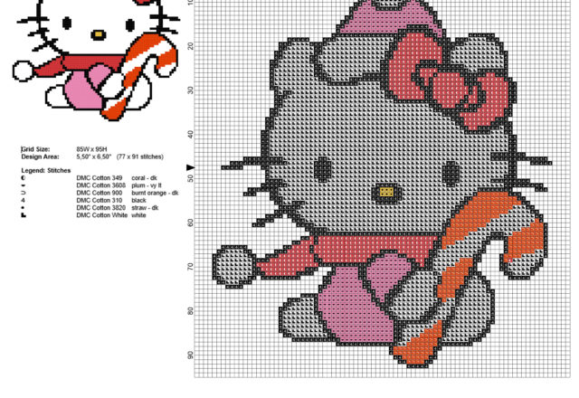 Hello Kitty versione natalizia con dolcetto di Natale schema punto croce 77 x 91 crocette 6 colori DMC