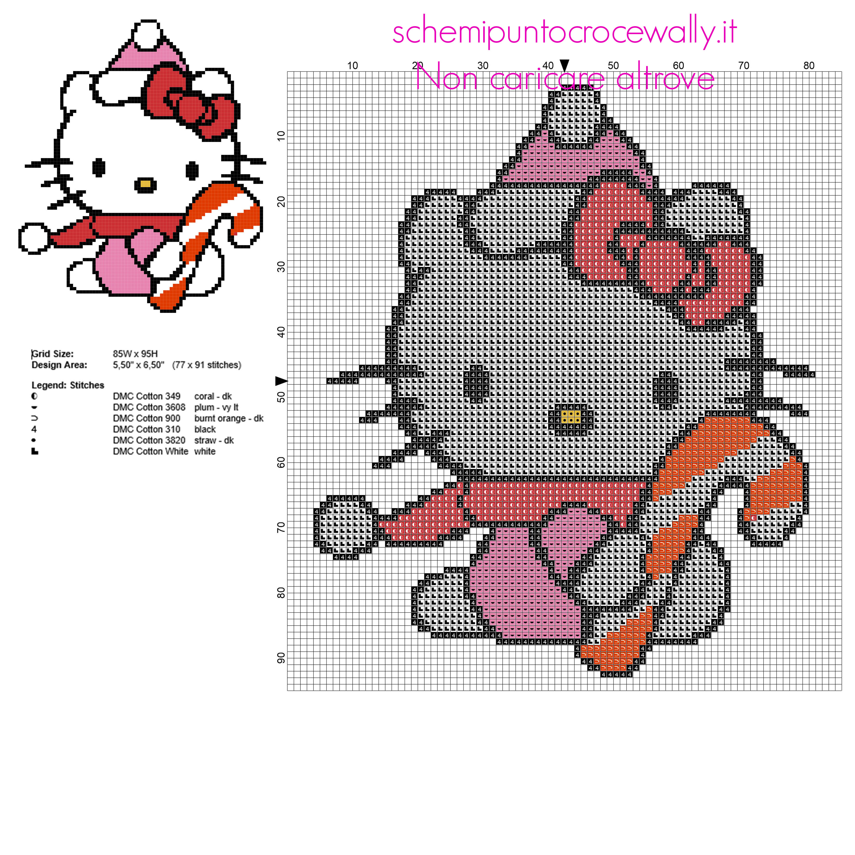 Hello Kitty versione natalizia con dolcetto di Natale schema punto croce 77 x 91 crocette 6 colori DMC