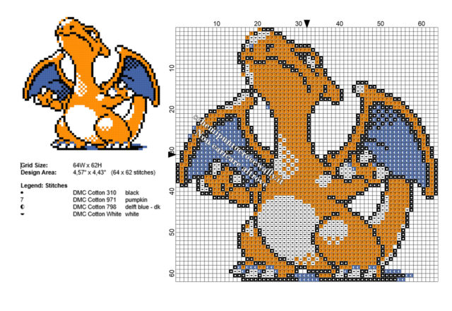 Il Pokemon Charizard piccolo schema punto croce gratis 64 x 62 crocette 4 colori DMC