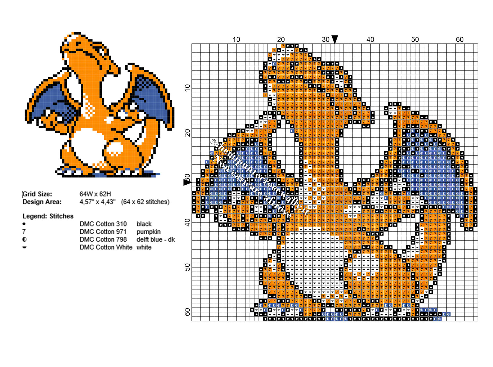 Il Pokemon Charizard piccolo schema punto croce gratis 64 x 62 crocette 4 colori DMC