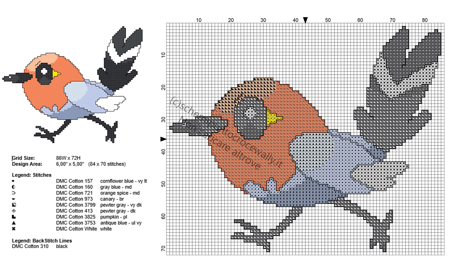 Il Pokemon Fletchling schema punto croce gratis col punto scritto