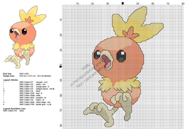 Il Pokemon Torchic schema ricamo punto a croce gratis