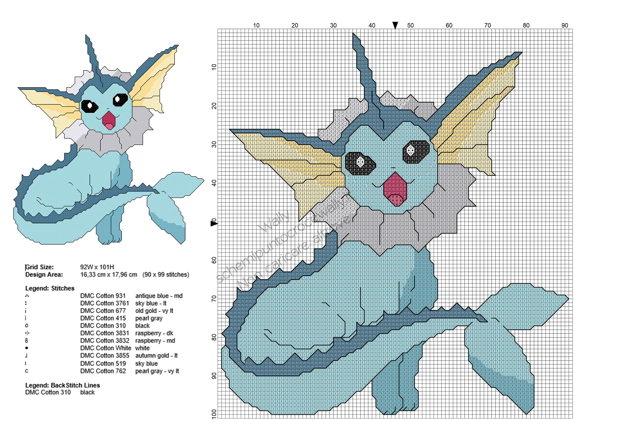 Il Pokemon Vaporeon schema da ricamare punto croce gratis