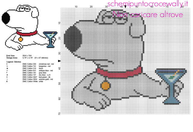 Il cane Brian dal cartone animato I Griffin schema punto croce gratuito