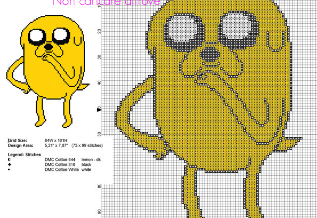 Il cane Jake dal cartone animato Adventure Time schema punto croce