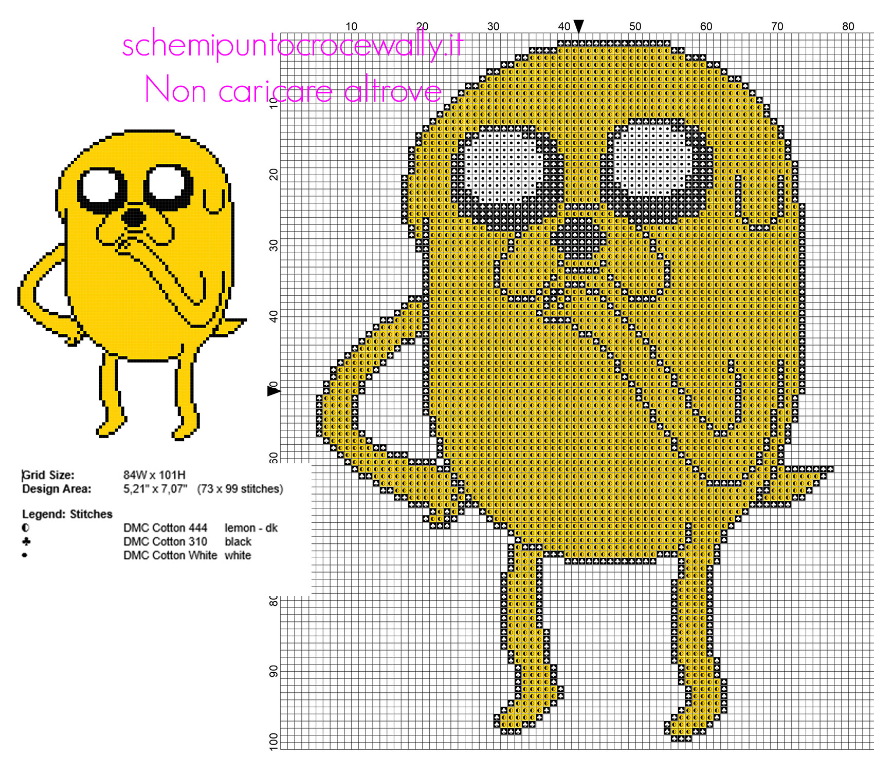 Il cane Jake dal cartone animato Adventure Time schema punto croce