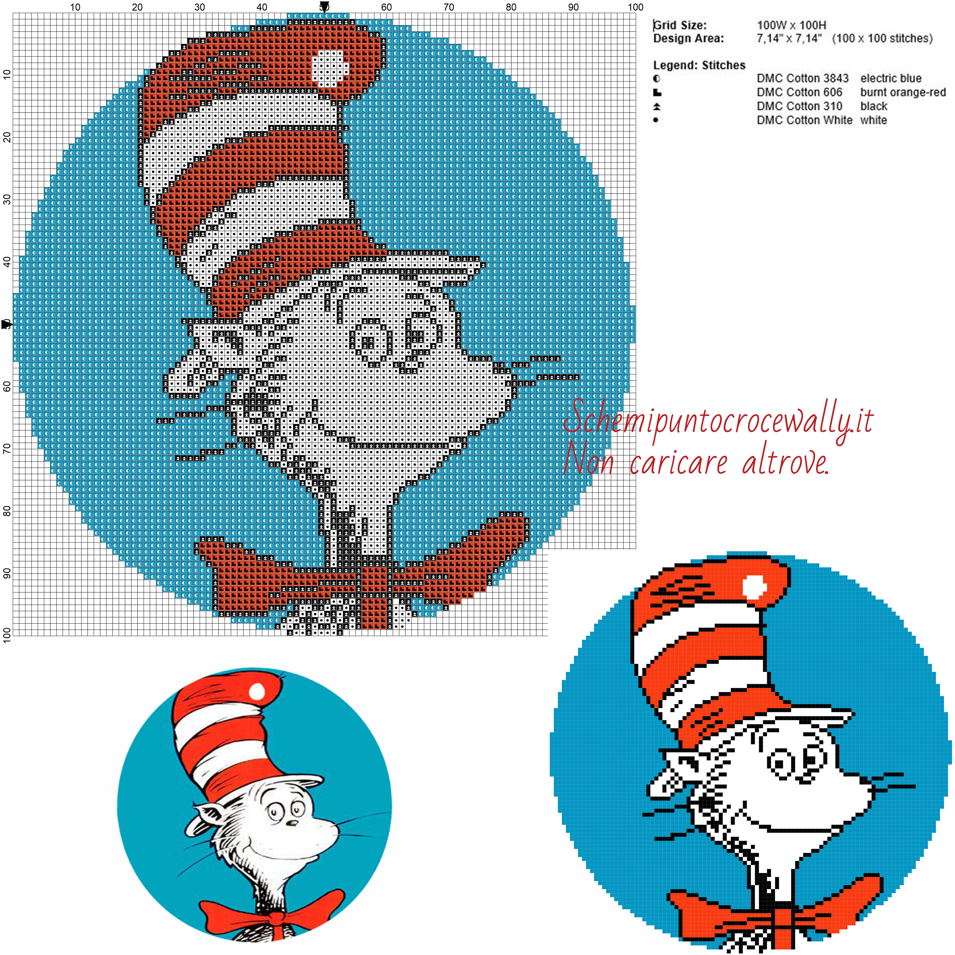 Il gatto col cappello (Dr_ Seuss) schema punto croce gratis 100x100 4 colori