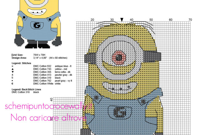 Il minion Stuart dal cartone animato film Cattivissimo Me schema punto a croce