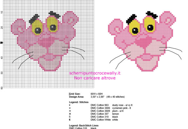 Il volto della Pantera Rosa in 40 crocette schema punto croce