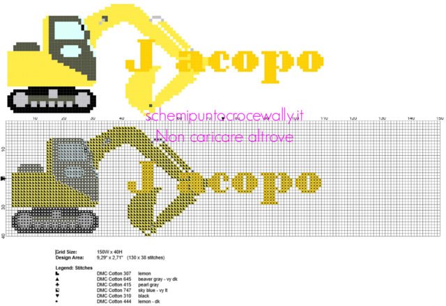 Jacopo nome bambino punto croce con escavatore
