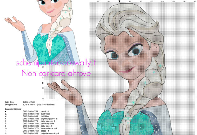 La Principessa Elsa del cartone animato Disney Frozen schema punto croce 123 x 149 crocette 17 colori DMC