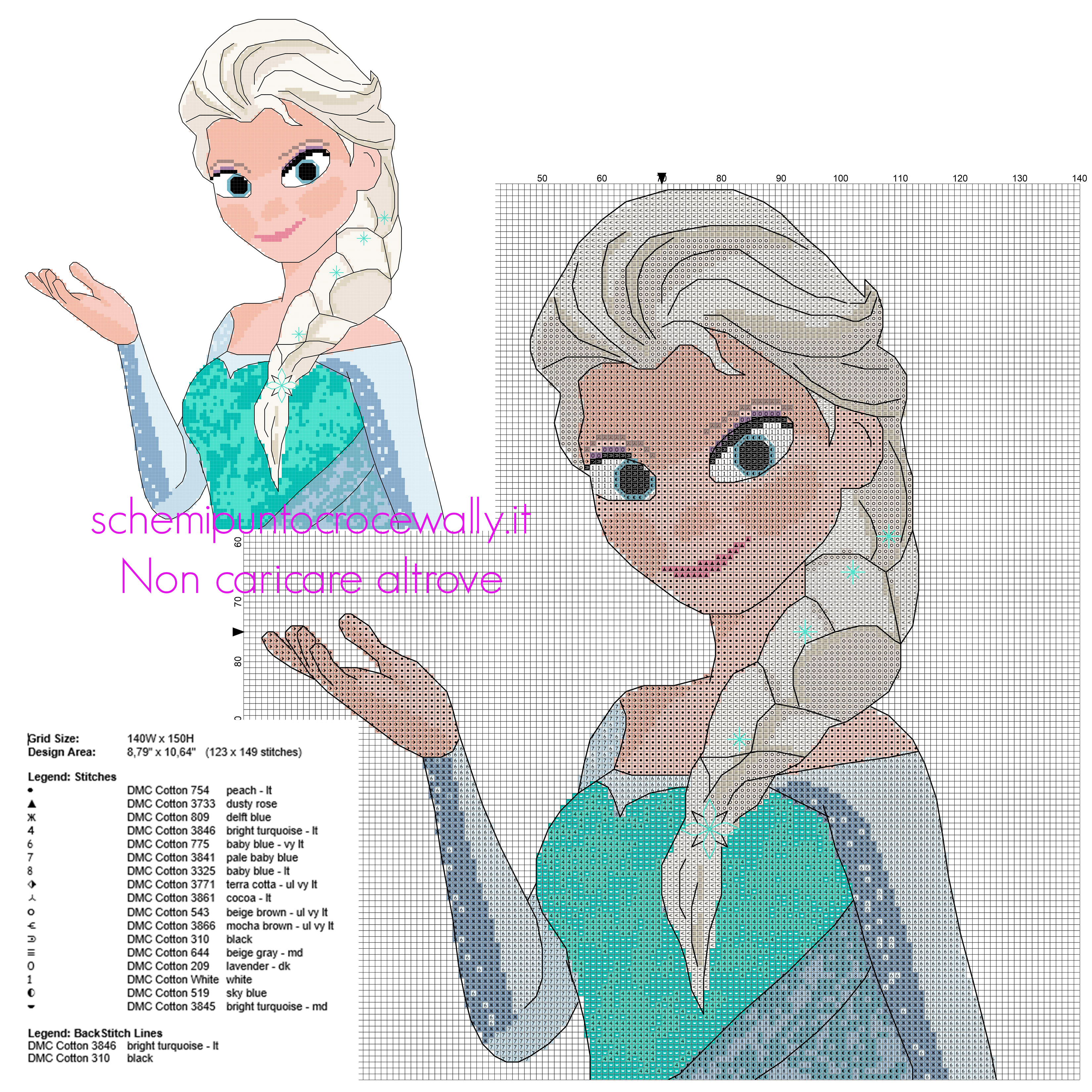 La Principessa Elsa del cartone animato Disney Frozen schema punto croce 123 x 149 crocette 17 colori DMC