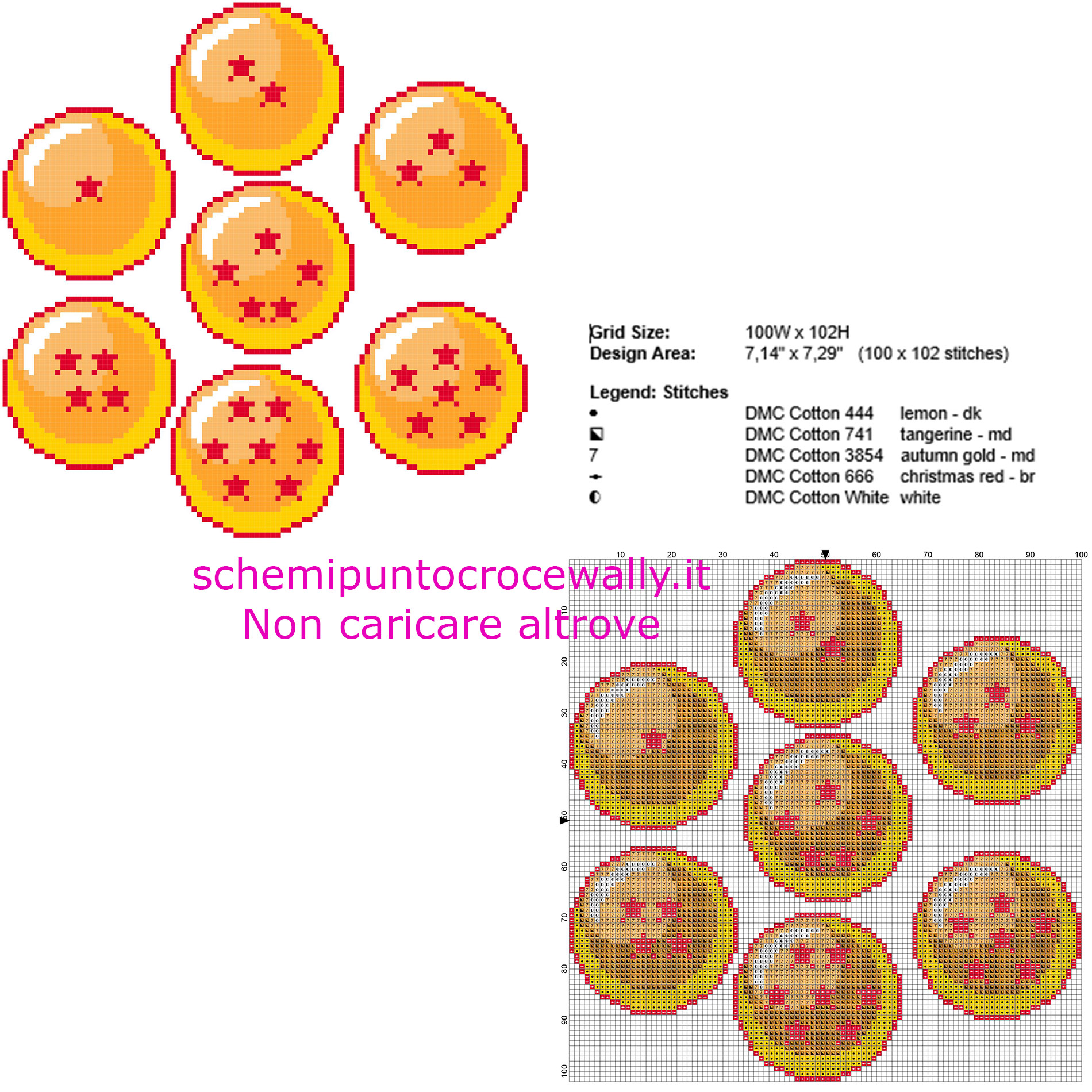 Le sette sfere del drago del cartone animato Dragon Ball schema punto croce 100 x 102 crocette 5 colori DMC