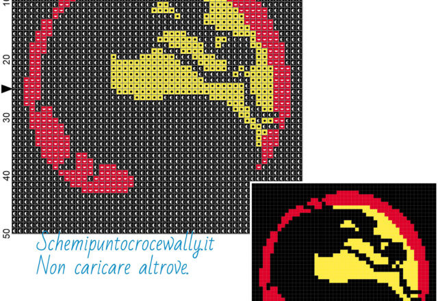 Logo Mortal Kombat videogioco schema gratis a punto croce 50x50 3 colori
