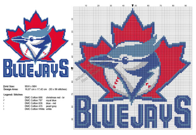 Logo della squadra americana di Baseball MLB Toronto Blue Jays schema punto croce gratis 93x96