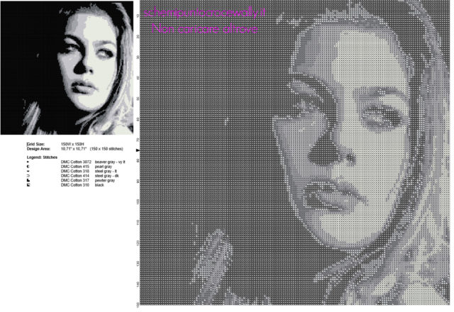 Louane Emera attrice francese schema punto croce bianco e nero 150 x 150 crocette 6 colori DMC