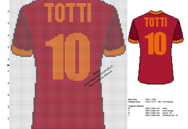 Maglia Totti numero 10 della Roma schema da ricamare punto a croce