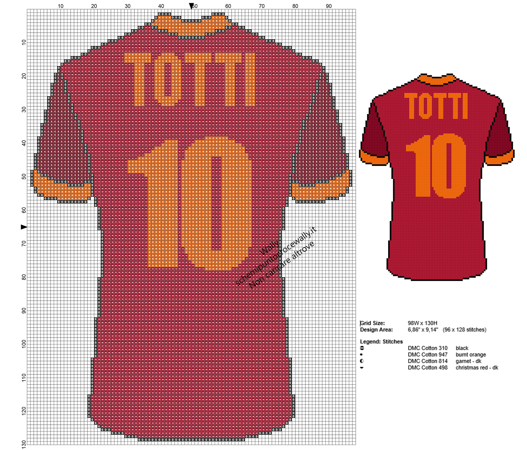 Maglia Totti numero 10 della Roma schema da ricamare punto a croce