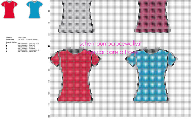 Magliette a maniche corte t shirt da donna grigia rosa rossa e azzurra schemi punto croce gratis