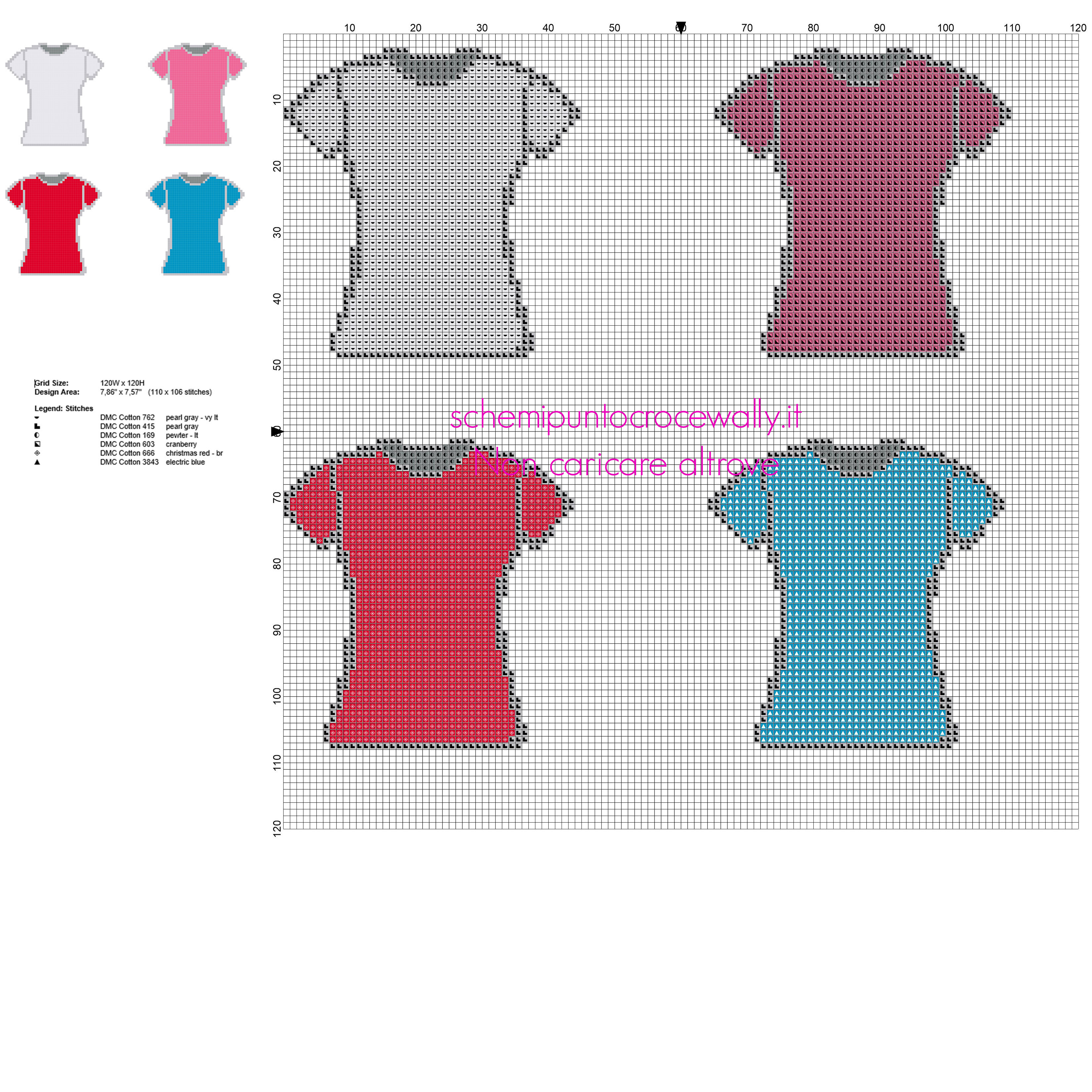 Magliette a maniche corte t shirt da donna grigia rosa rossa e azzurra schemi punto croce gratis