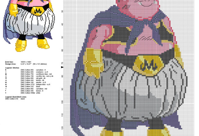 Majin Boo personaggio nemico Dragon Ball schema punto croce gratis 90 x 141 crocette 12 colori marca DMC