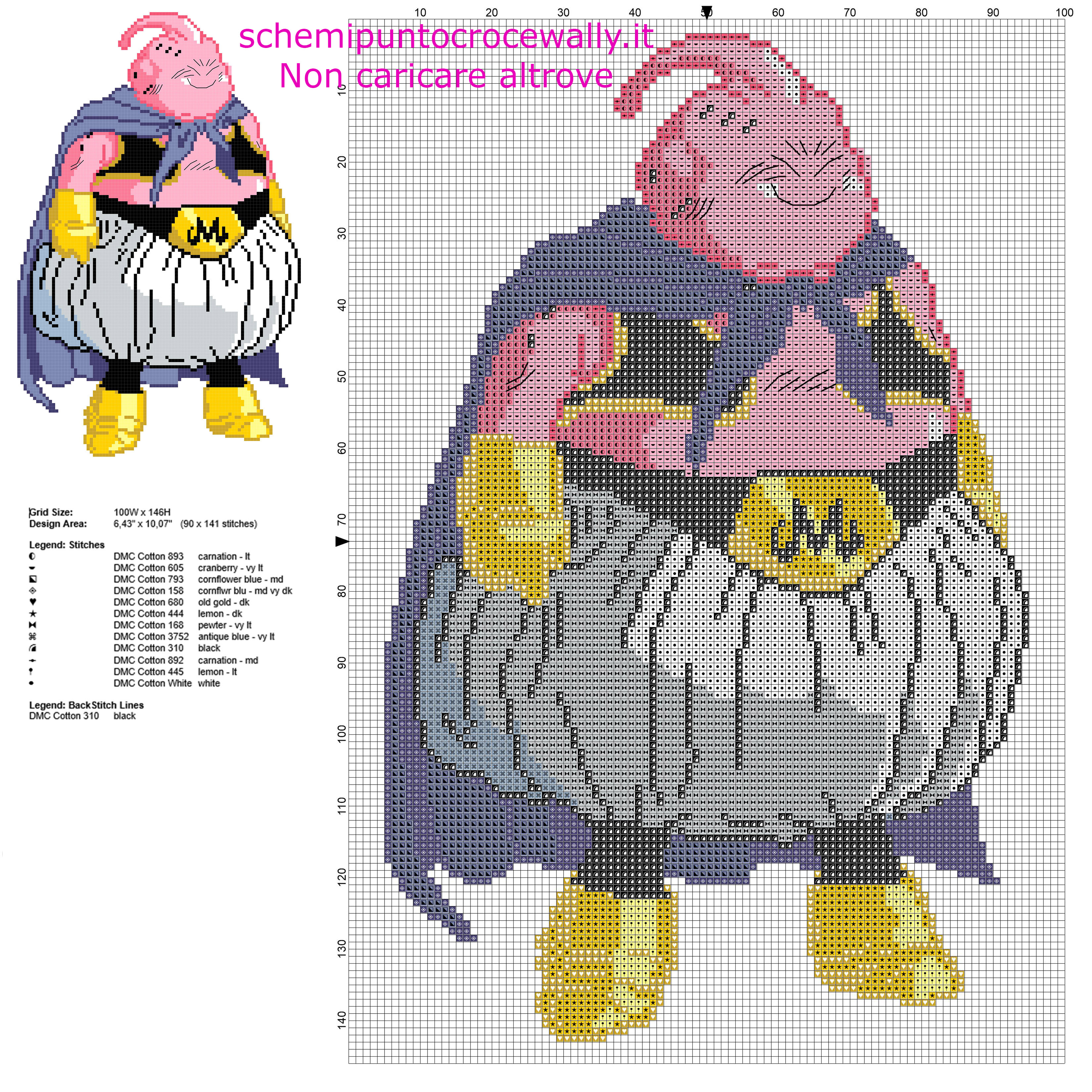 Majin Boo personaggio nemico Dragon Ball schema punto croce gratis 90 x 141 crocette 12 colori marca DMC