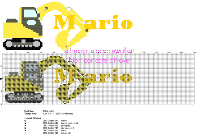 Mario nomi bambini punto a croce ricamo con escavatore