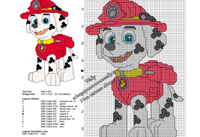 Marshall di Paw Patrol piccolo schema punto croce gratuito 57 x 90 crocette