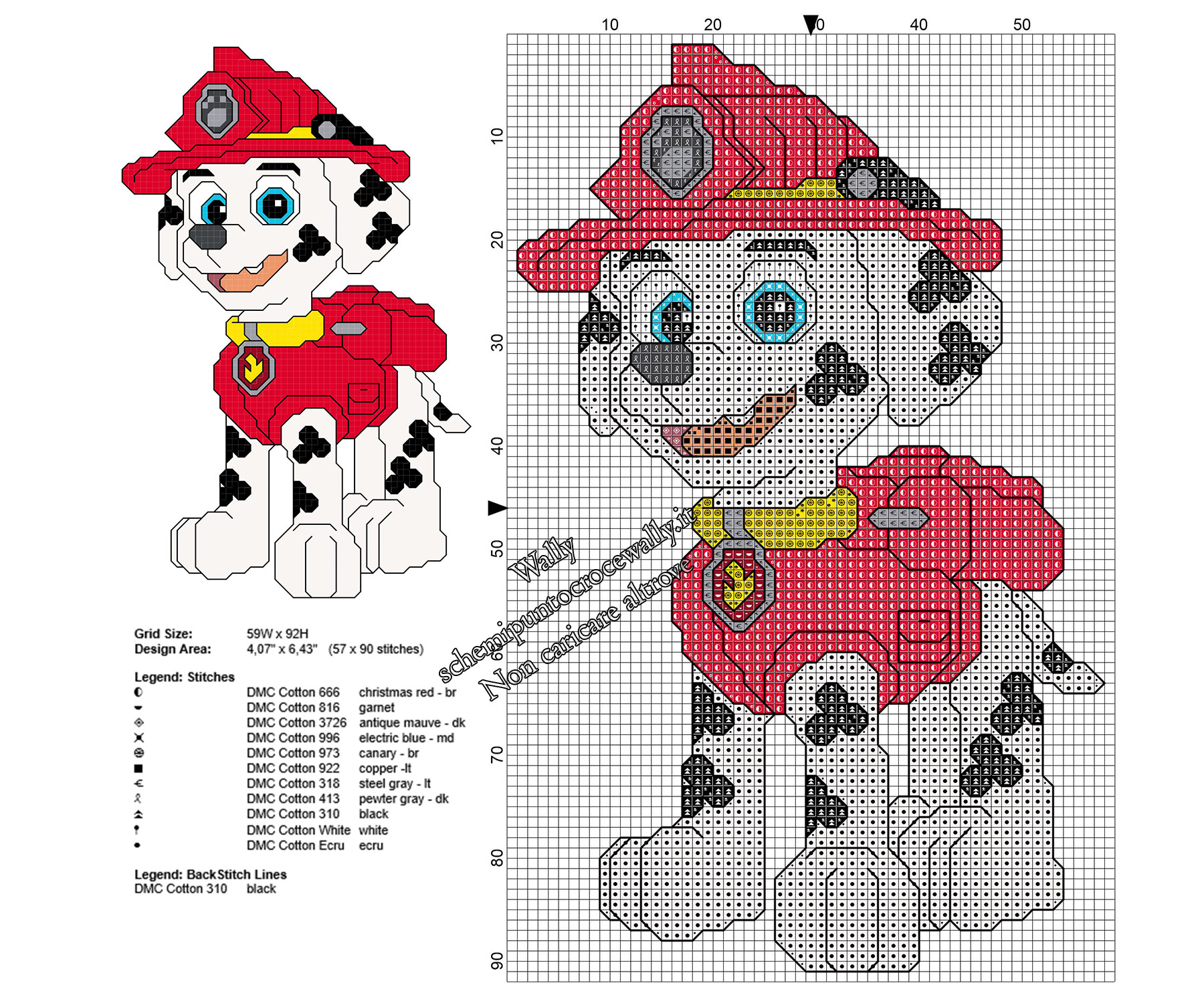 Marshall di Paw Patrol piccolo schema punto croce gratuito 57 x 90 crocette