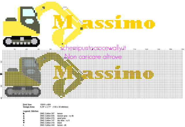 Massimo nome bambino bebè punto croce con escavatore