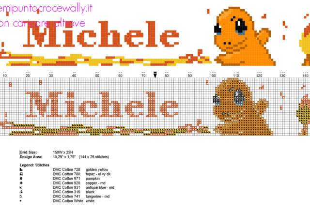 Michele nome bambino punto croce col Pokemon Charmander