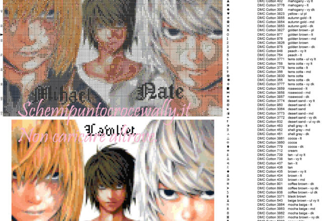 Mihael, Lawliet e Nate (Death Note) schema punto croce 150x112 100 colori
