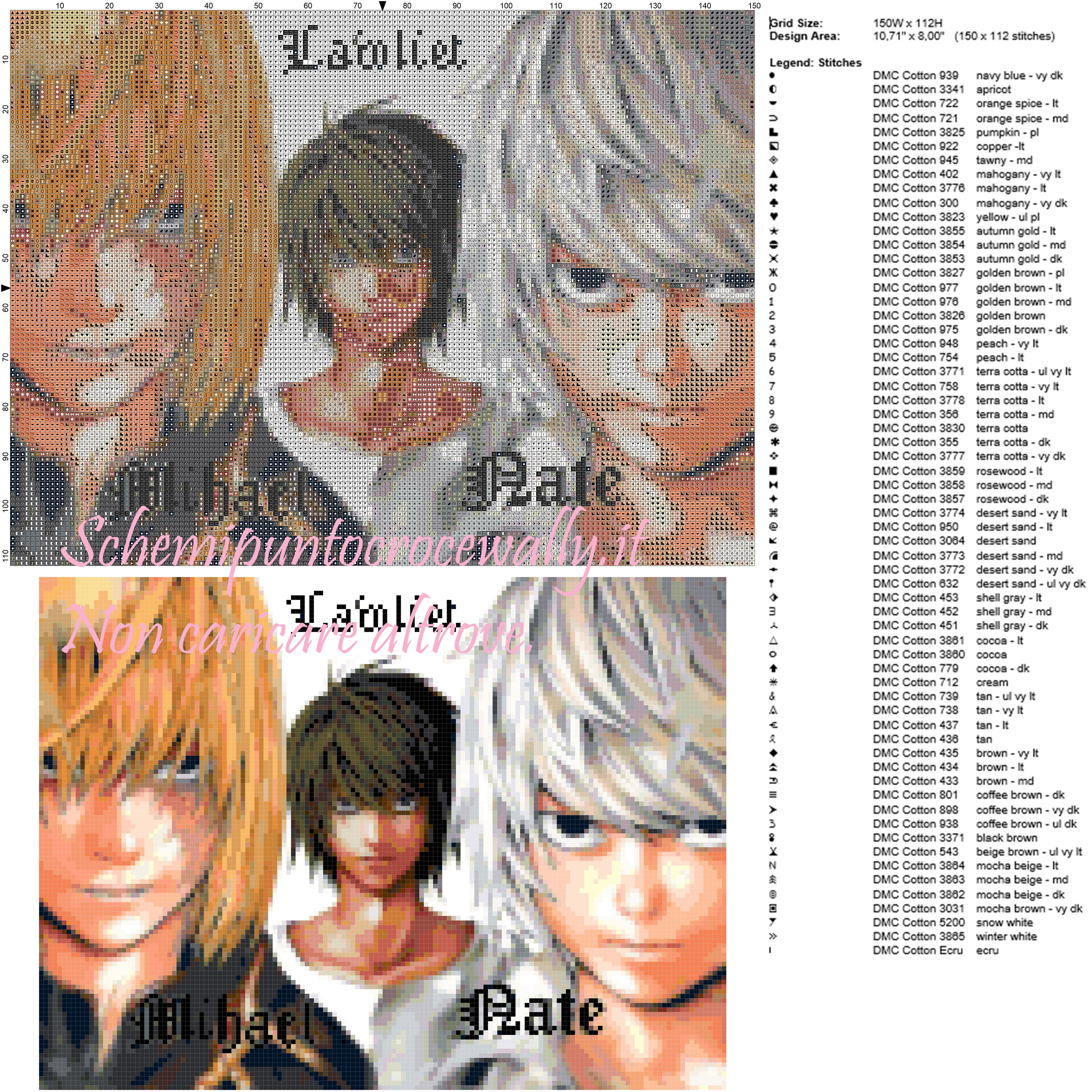 Mihael, Lawliet e Nate (Death Note) schema punto croce 150x112 100 colori