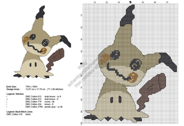 Mimikyu da Pokemon Sole Luna schema ricamo punto croce gratis 77x98