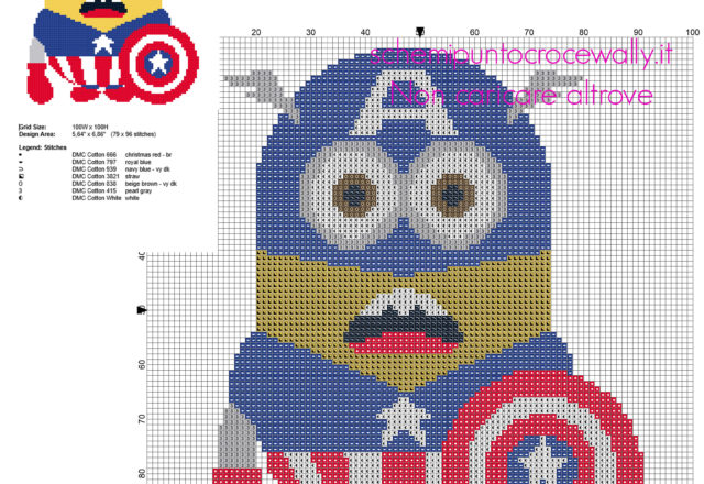 Minion vestito da Capitan America schema punto croce da ricamare 79 x 96 crocette 7 colori DMC