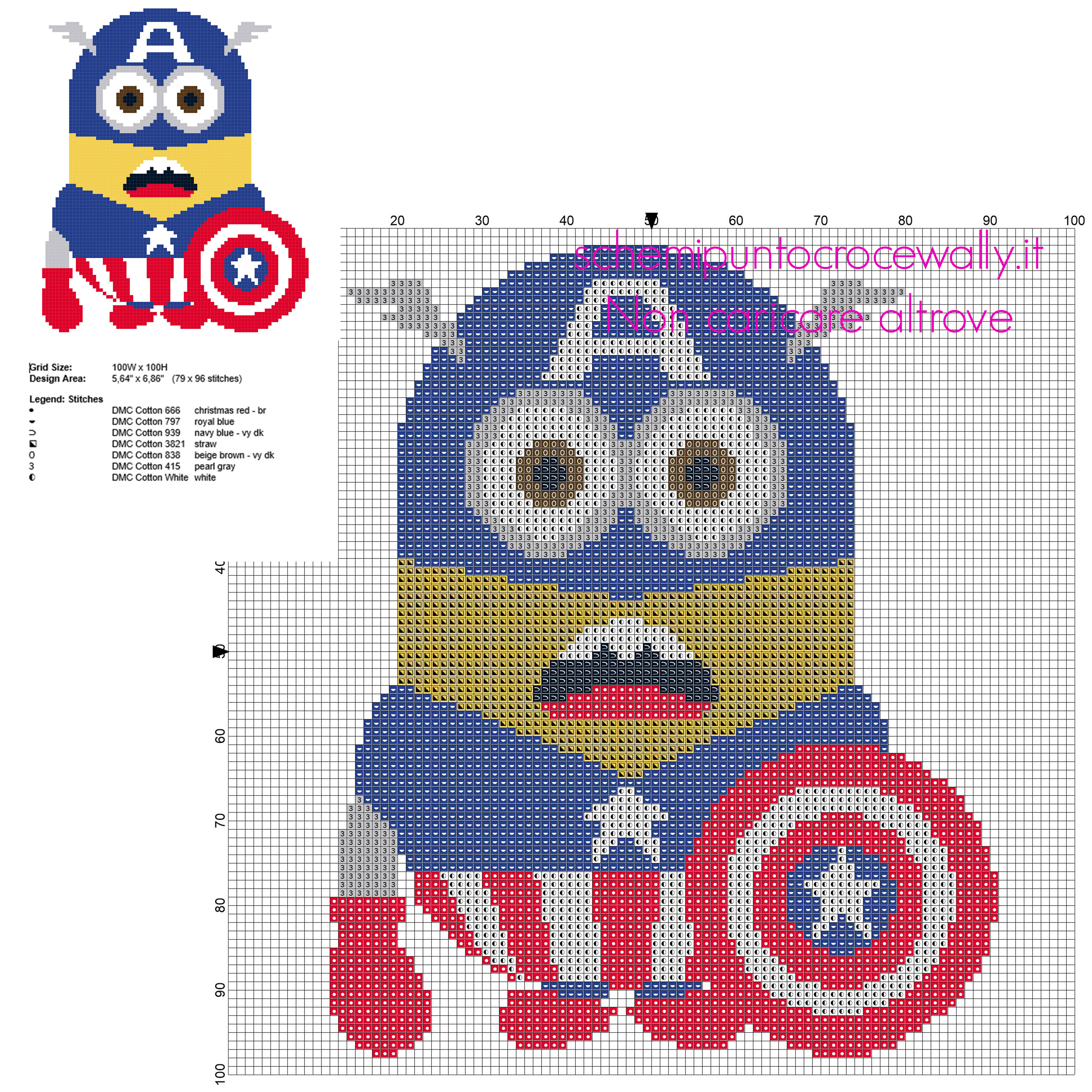 Minion vestito da Capitan America schema punto croce da ricamare 79 x 96 crocette 7 colori DMC