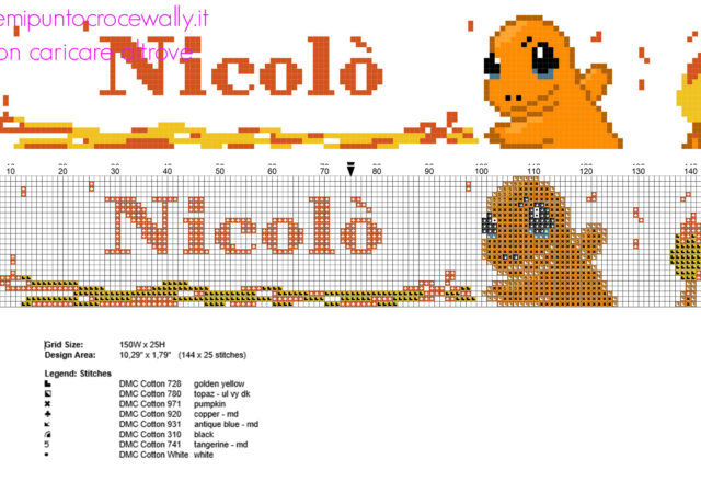 Nicolò nome bambino punto croce da ricamare col Pokemon Charmander