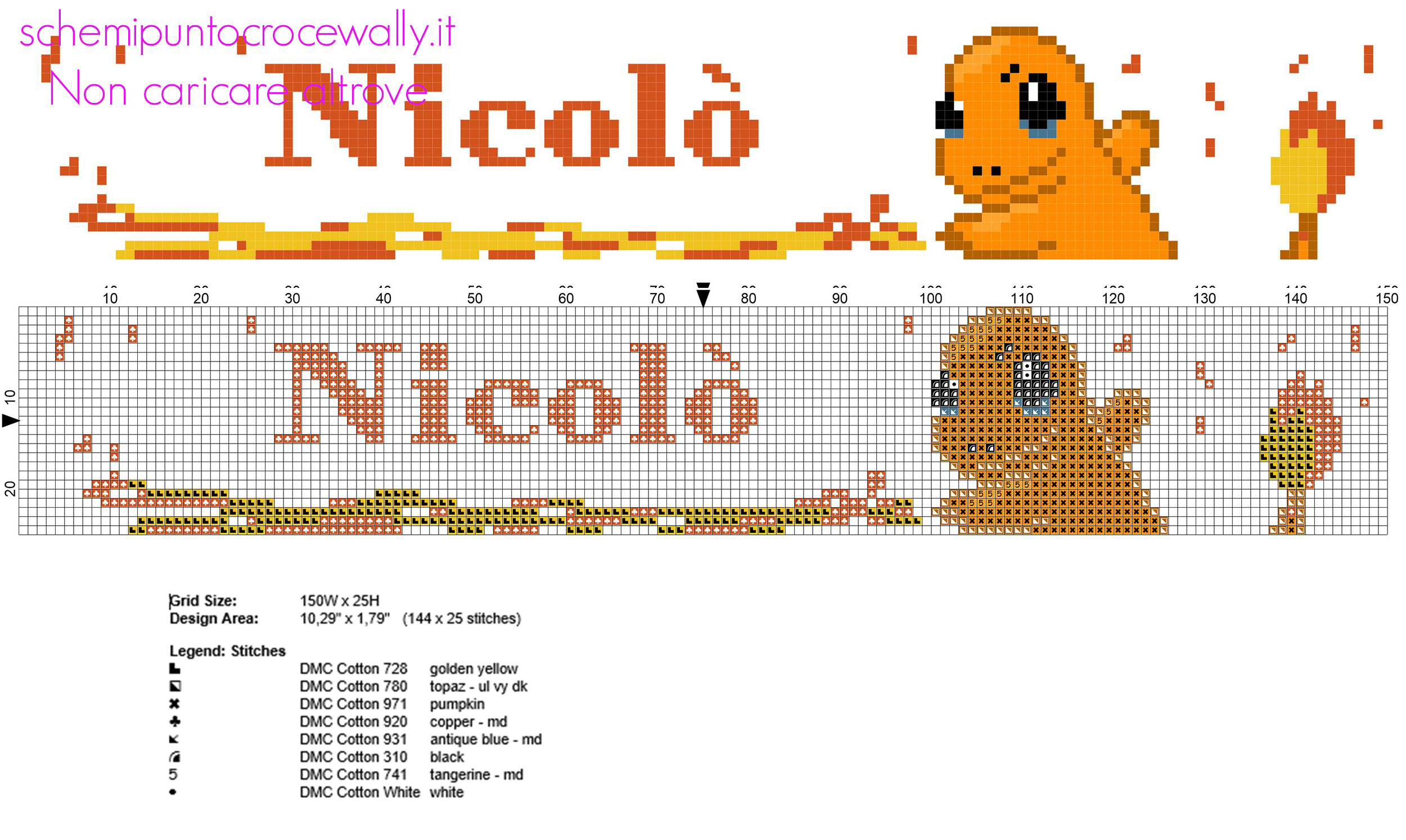 Nicolò nome bambino punto croce da ricamare col Pokemon Charmander