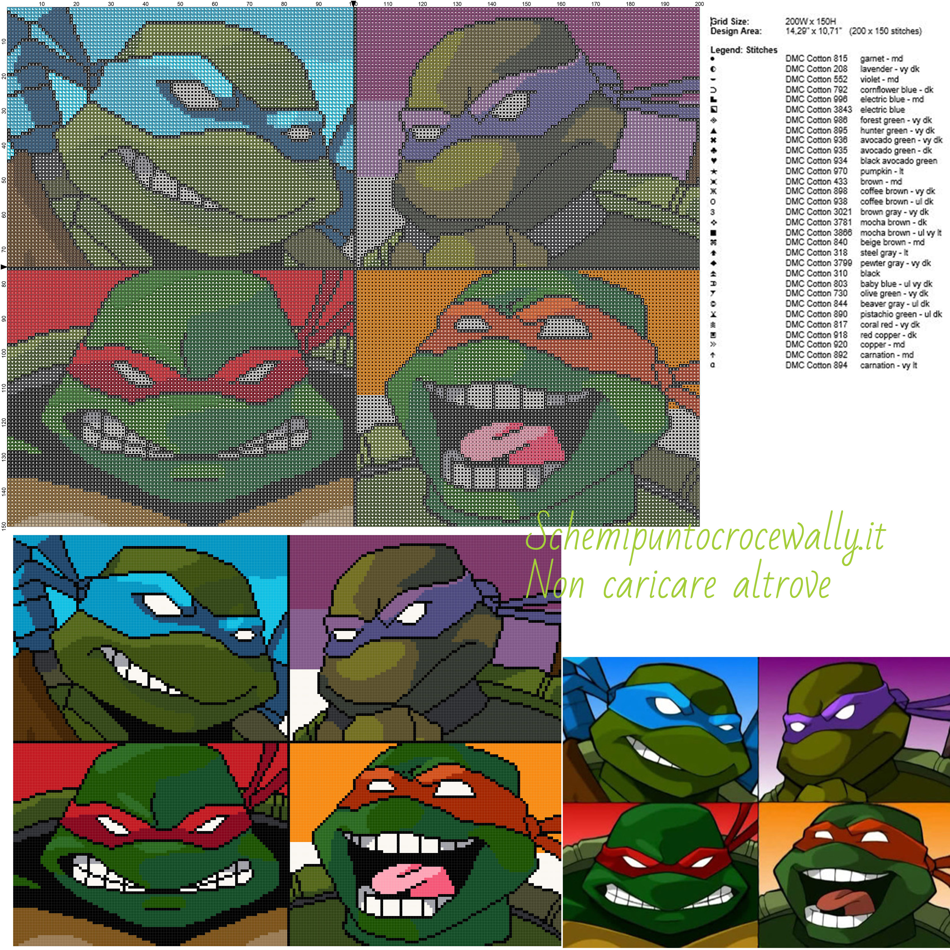 Ninja Turtles schemi gratis punto croce 200x150 31 colori