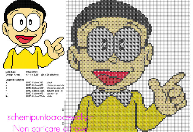 Nobita personaggio del cartone animato Doraemon schema punto croce