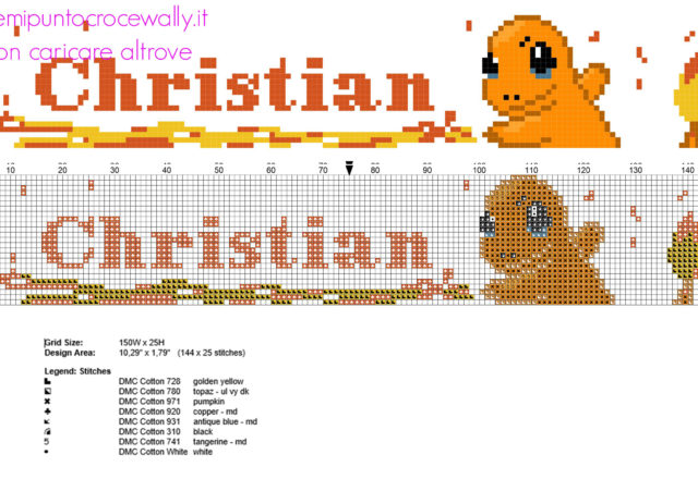 Nome bambino Christian punto a croce col Pokemon Charmander