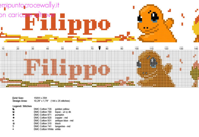 Nome bambino Filippo col Pokemon Charmander schema punto croce da ricamare