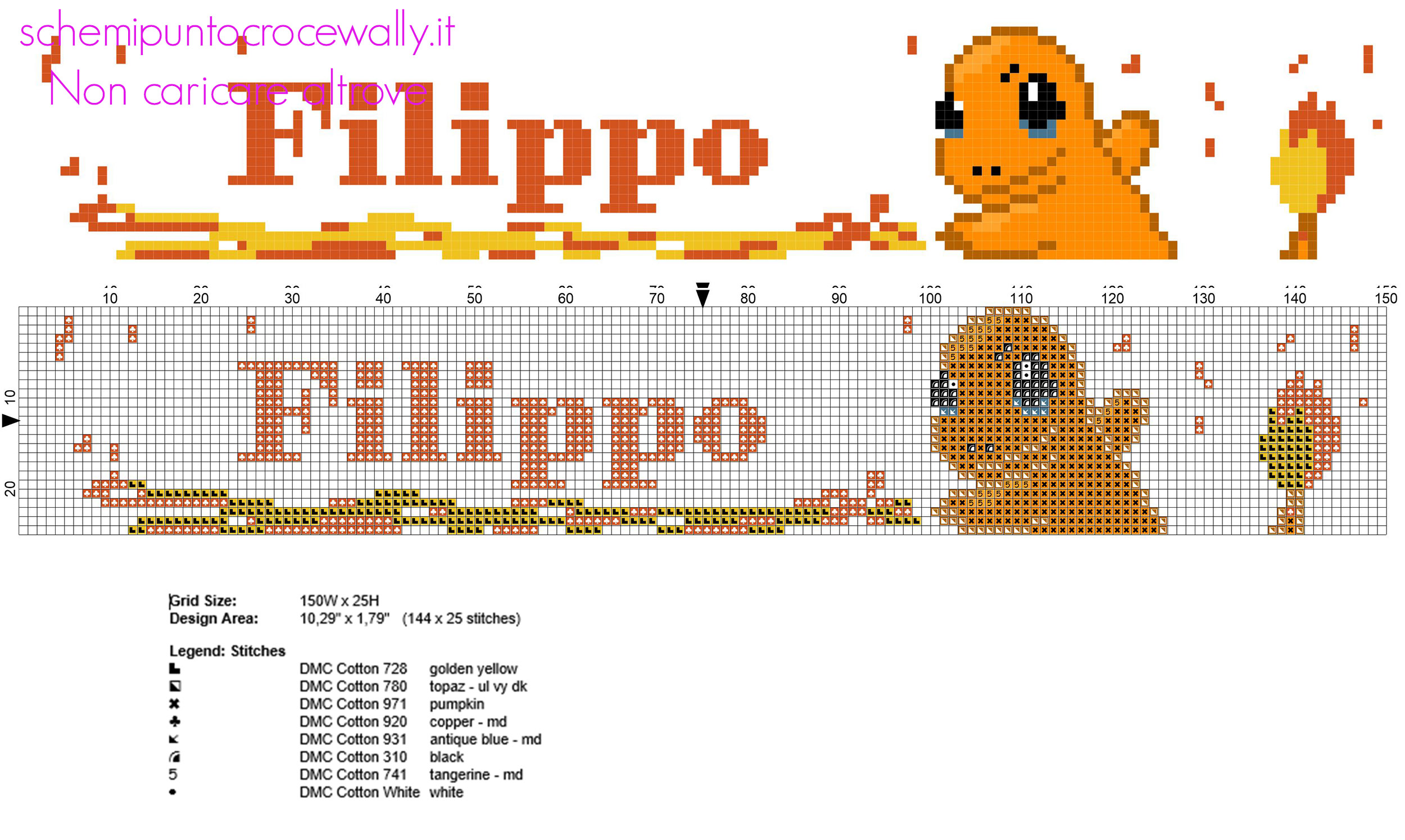 Nome bambino Filippo col Pokemon Charmander schema punto croce da ricamare