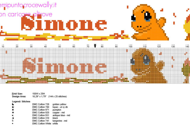 Nome bambino Simone col Pokemon Charmander schema da ricamare gratuito