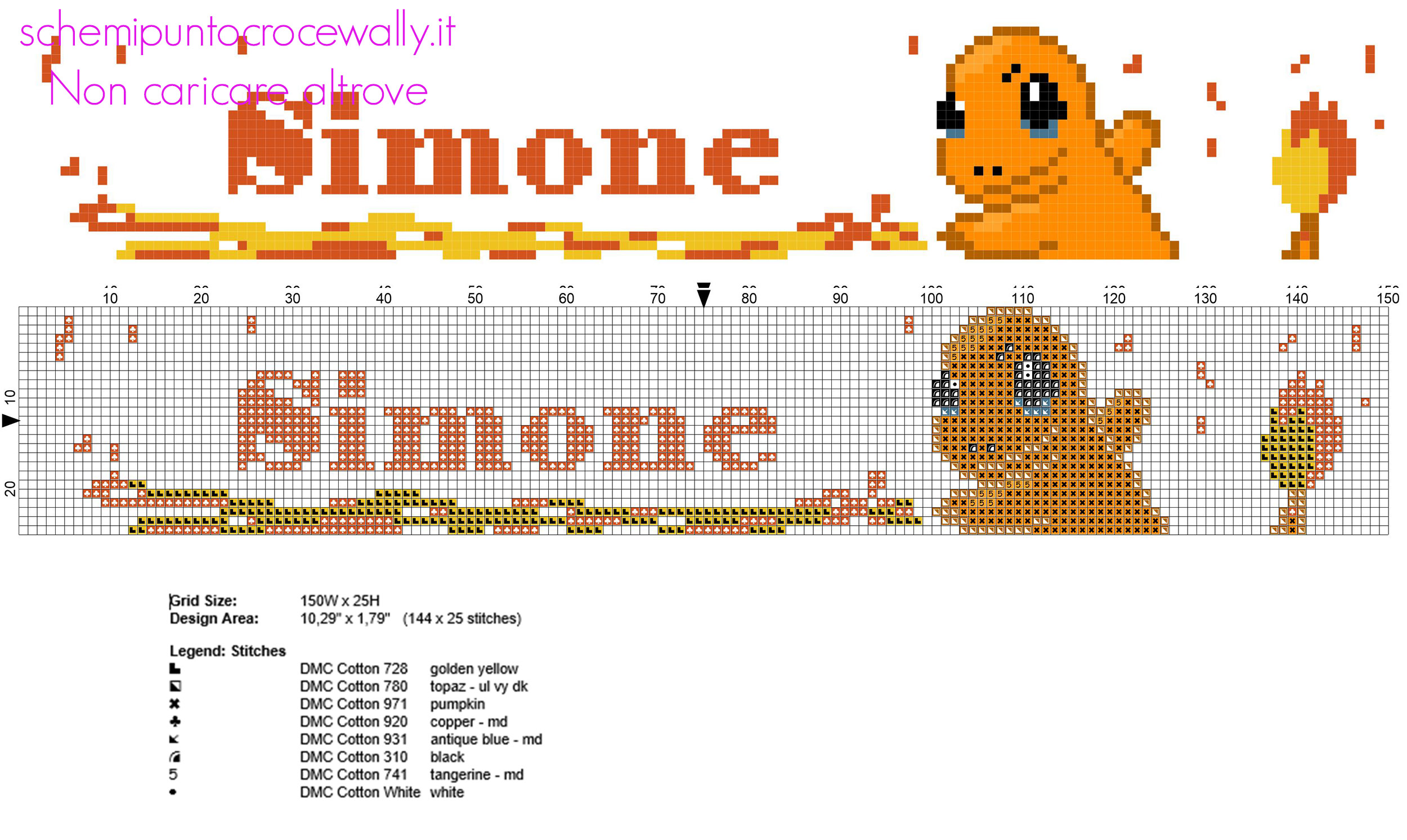 Nome bambino Simone col Pokemon Charmander schema da ricamare gratuito