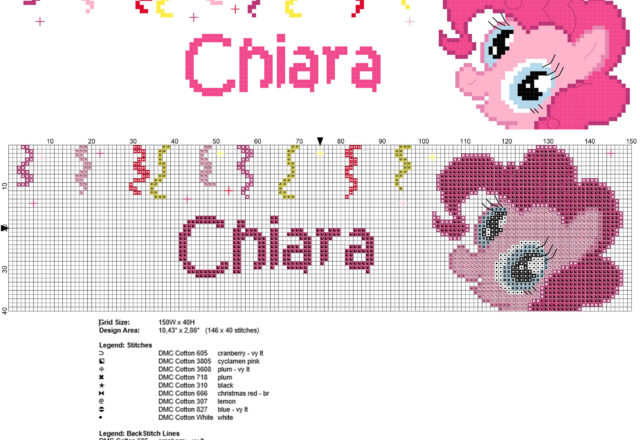 Nome bimba punto croce Chiara con Pinkie Pie delle My Little Pony